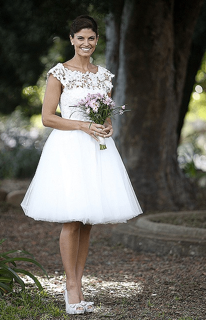 Zoe Ventoura wore a Leonie Grace dress for onscreen wedding as Melissa Rafter on Packed To The Rafters Image Source: Channel Seven 